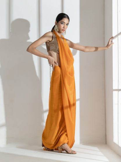 Dhiyona ST Tahiti yellow Gold texture Chiffon Saree with Beaded lace and Self Blouse Fabric