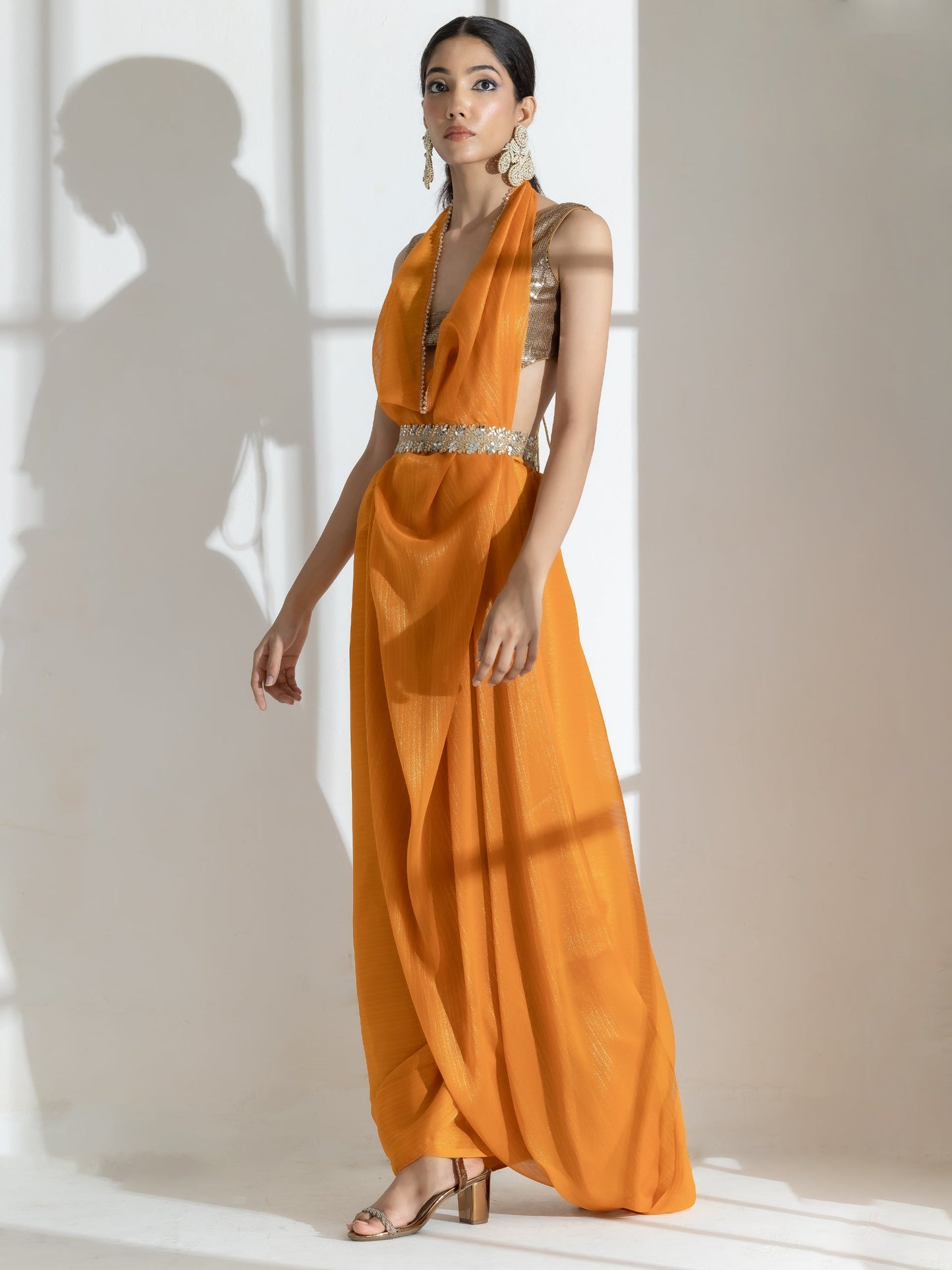 Dhiyona ST Tahiti yellow Gold texture Chiffon Saree with Beaded lace and Self Blouse Fabric