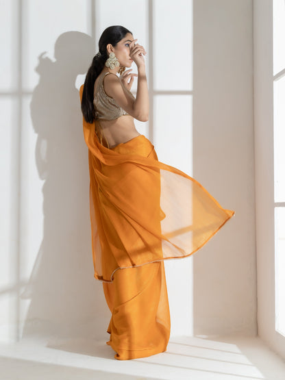 Dhiyona ST Tahiti yellow Gold texture Chiffon Saree with Beaded lace and Self Blouse Fabric