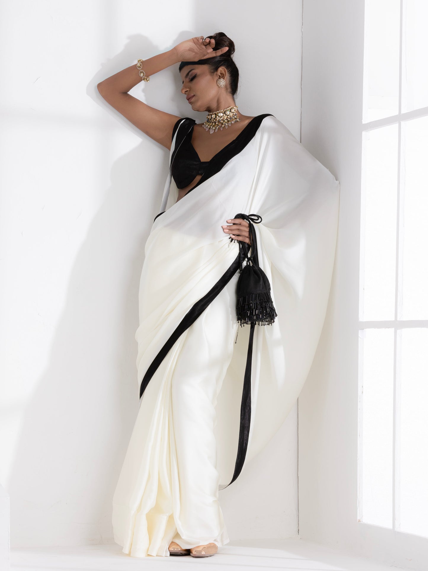 Dhiyona ST Magnolia Cream Satin Saree with Black Posh Border & Blouse Fabric