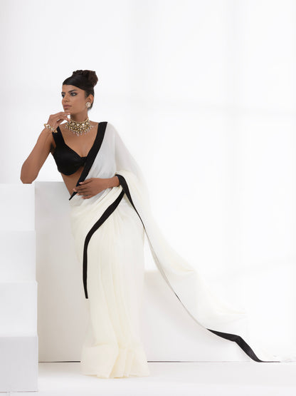 Dhiyona ST Magnolia Cream Satin Saree with Black Posh Border & Blouse Fabric