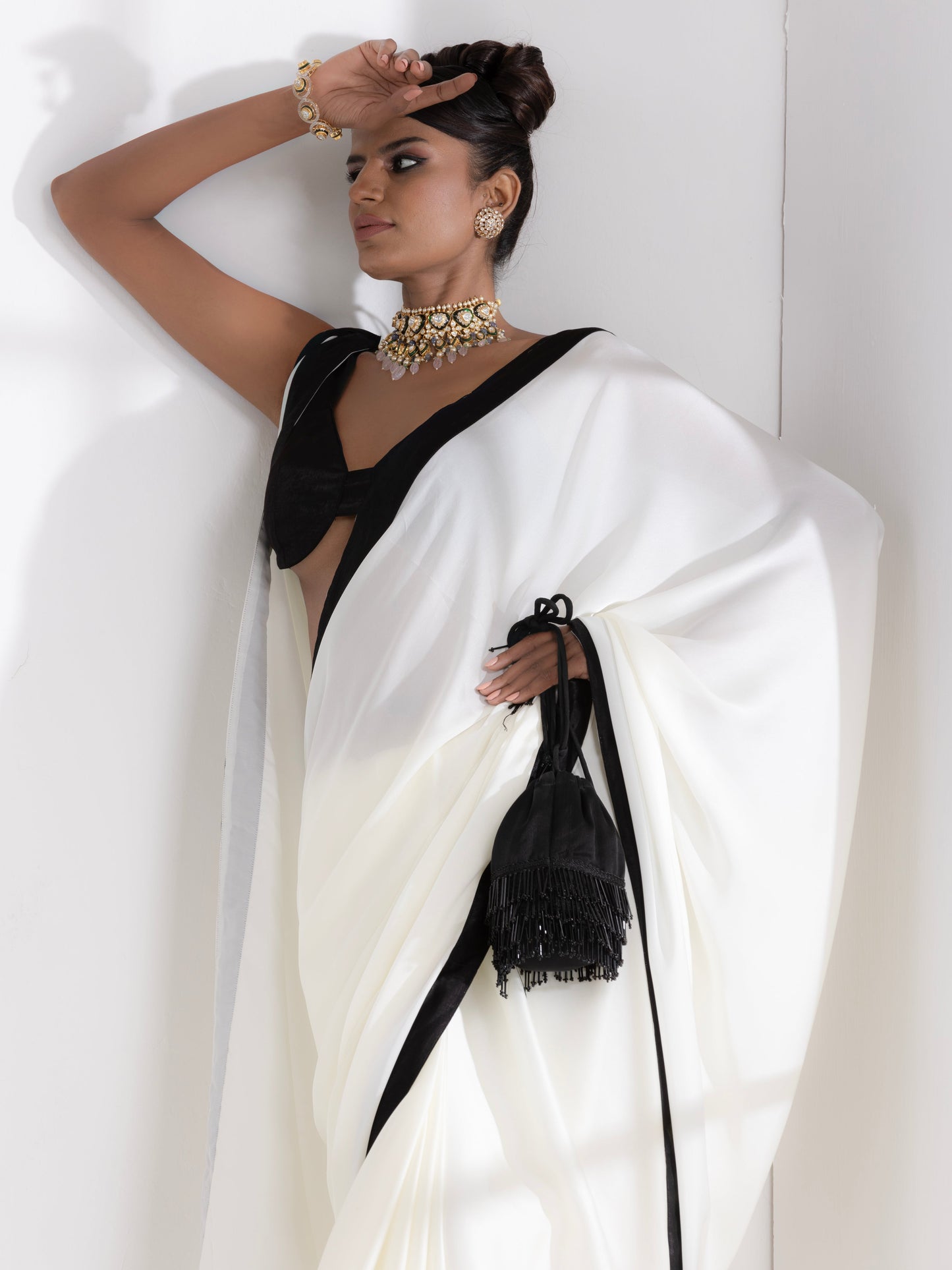 Dhiyona ST Magnolia Cream Satin Saree with Black Posh Border & Blouse Fabric
