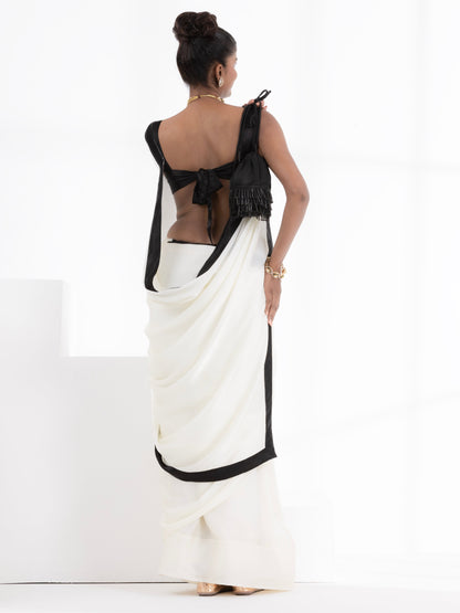Dhiyona ST Magnolia Cream Satin Saree with Black Posh Border & Blouse Fabric