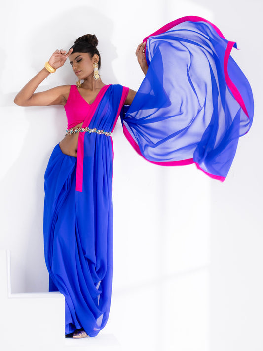 Dhiyona ST Megawatt Blue Georgette Saree with Pink Posh Fabric Border & Blouse Fabric