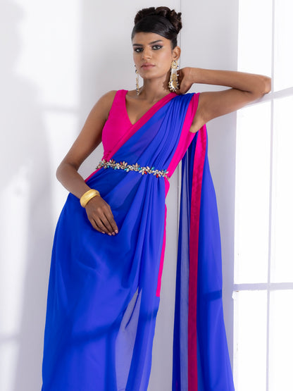Dhiyona ST Megawatt Blue Georgette Saree with Pink Posh Fabric Border & Blouse Fabric