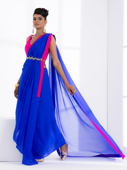 Dhiyona ST Megawatt Blue Georgette Saree with Pink Posh Fabric Border & Blouse Fabric