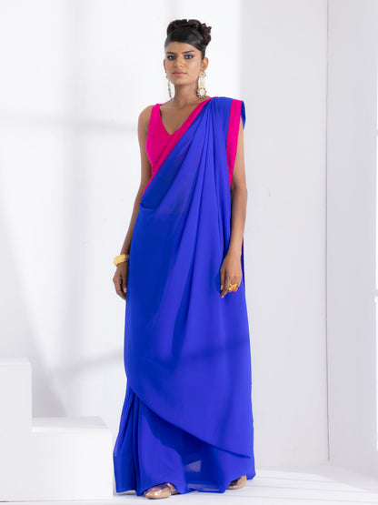 Dhiyona ST Megawatt Blue Georgette Saree with Pink Posh Fabric Border & Blouse Fabric