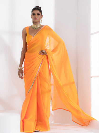 Dhiyona ST Lady Danger Orange Yellow Dual Shade Chiffon Saree with Lace and Self-Blouse Fabric