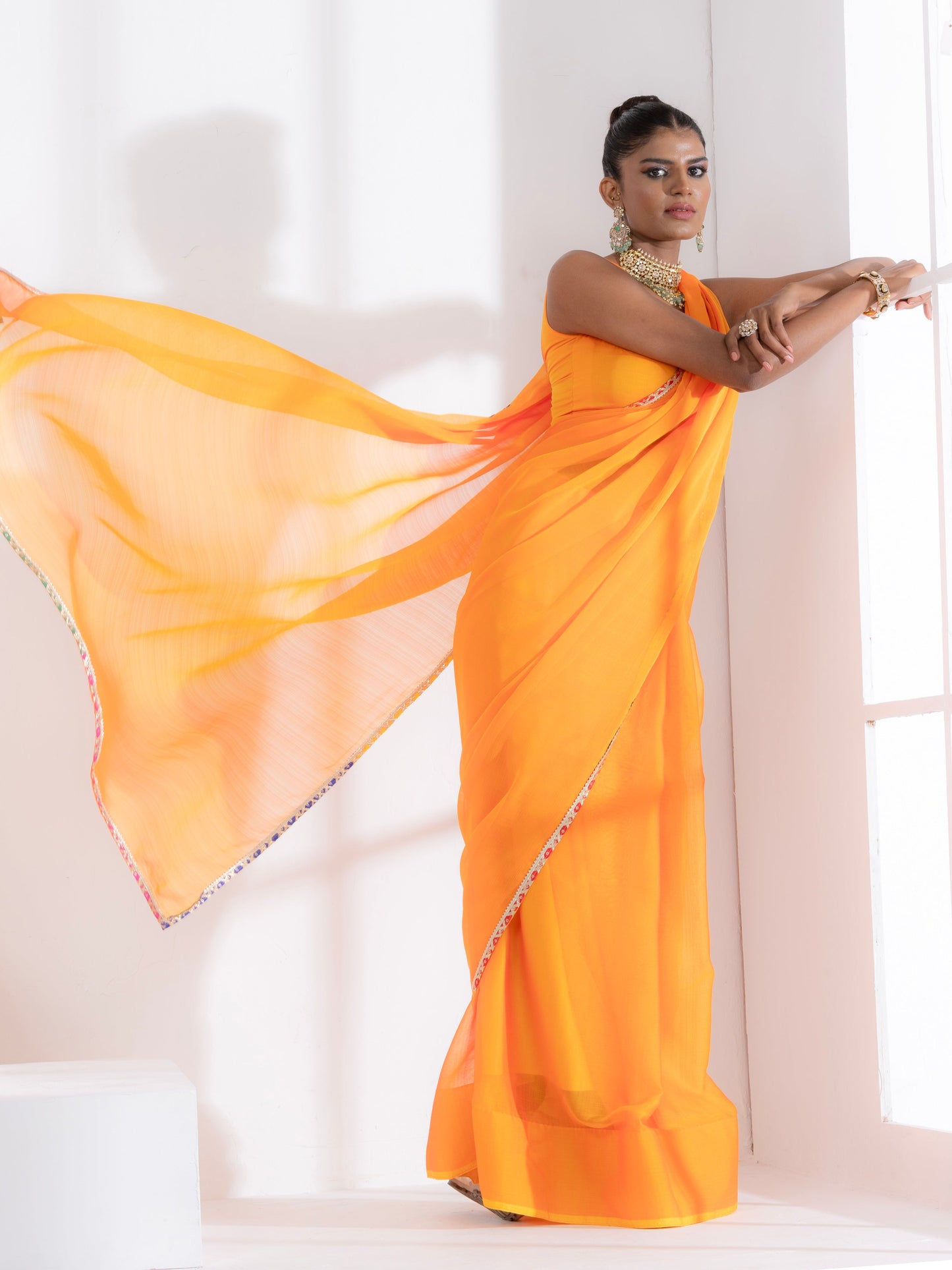 Dhiyona ST Lady Danger Orange Yellow Dual Shade Chiffon Saree with Lace and Self-Blouse Fabric