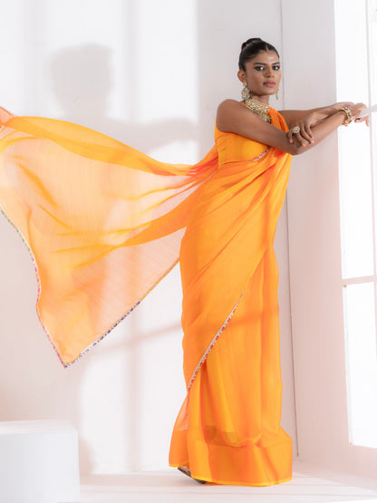 Dhiyona ST Lady Danger Orange Yellow Dual Shade Chiffon Saree with Lace and Self-Blouse Fabric