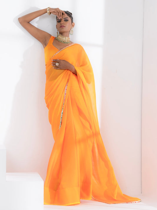 Dhiyona ST Lady Danger Orange Yellow Dual Shade Chiffon Saree with Lace and Self-Blouse Fabric