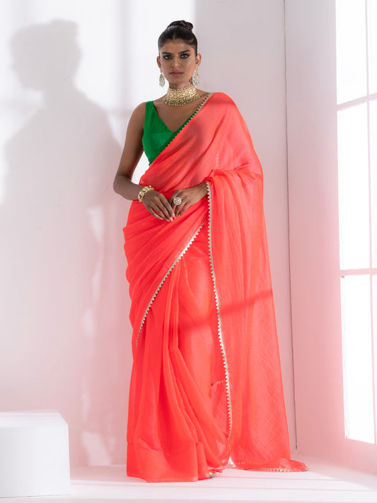 Dhiyona ST Watermelon Pink Chiffon Saree with Lace and Green Posh Blouse Fabric