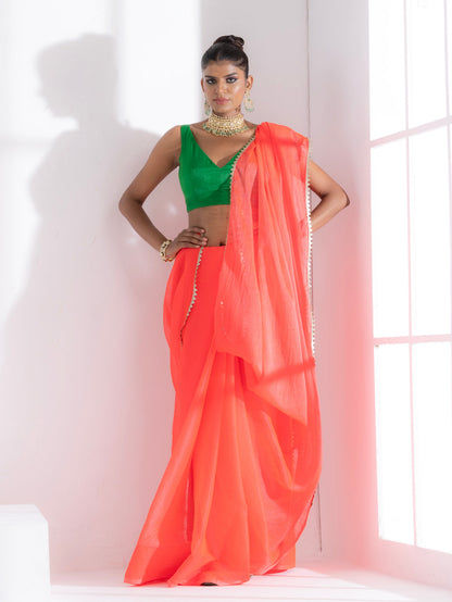 Dhiyona ST Watermelon Pink Chiffon Saree with Lace and Green Posh Blouse Fabric