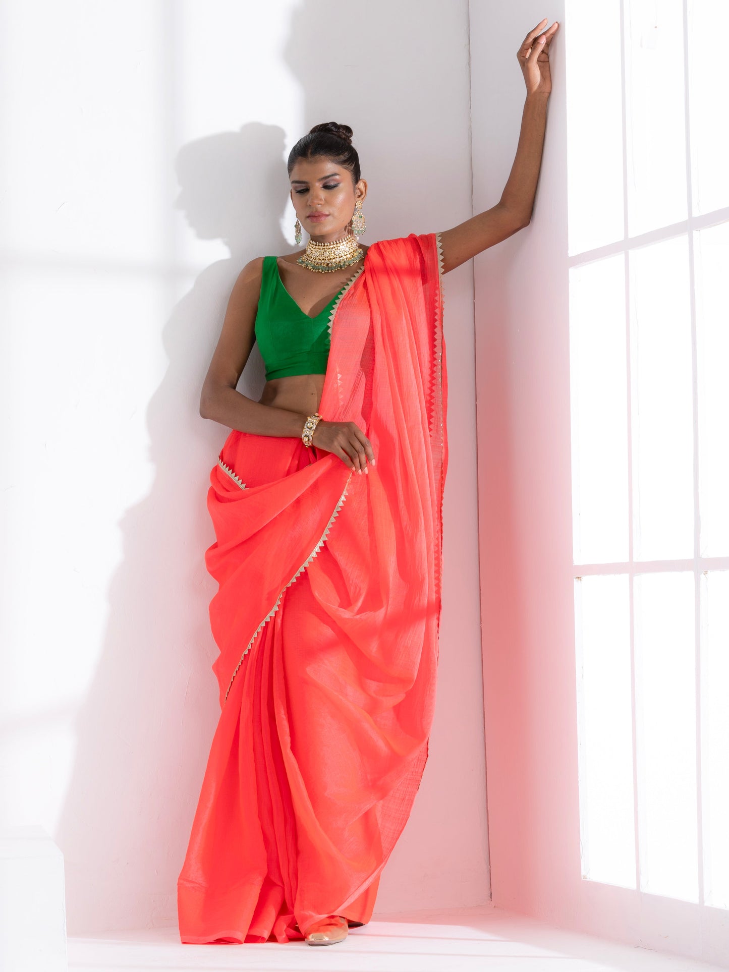 Dhiyona ST Watermelon Pink Chiffon Saree with Lace and Green Posh Blouse Fabric