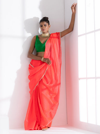 Dhiyona ST Watermelon Pink Chiffon Saree with Lace and Green Posh Blouse Fabric