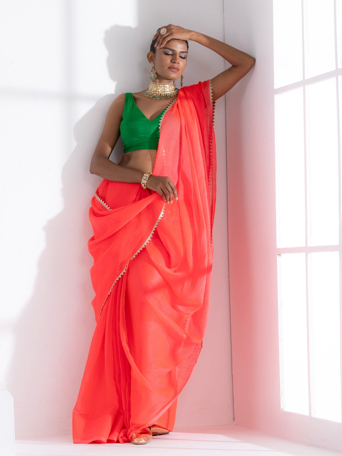 Dhiyona ST Watermelon Pink Chiffon Saree with Lace and Green Posh Blouse Fabric