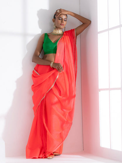 Dhiyona ST Watermelon Pink Chiffon Saree with Lace and Green Posh Blouse Fabric