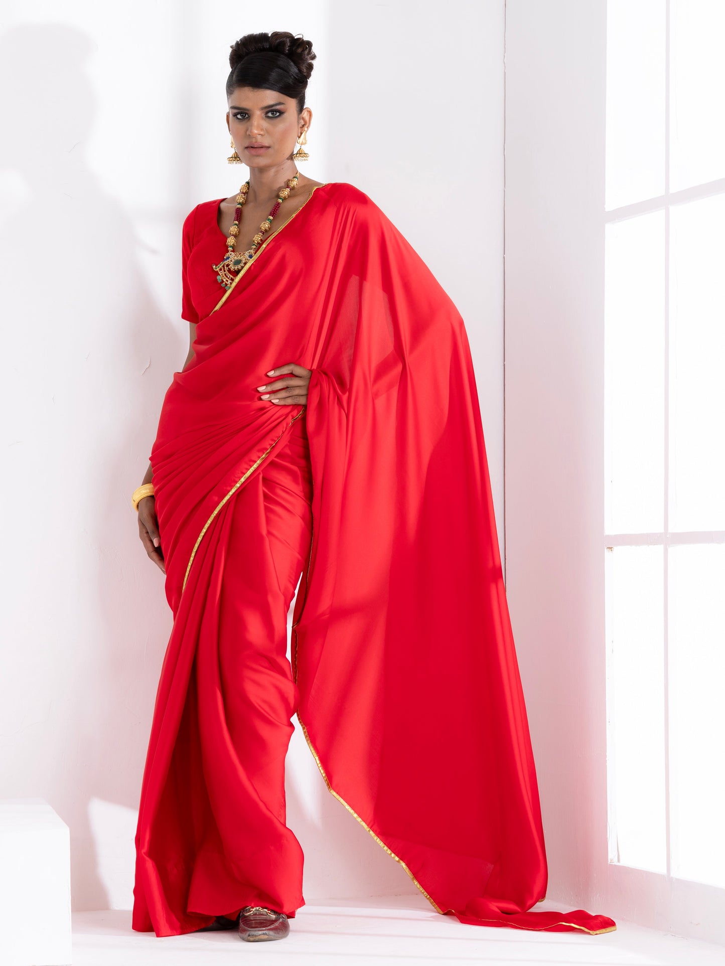 Dhiyona ST Red Satin Saree with Lace and Red  Blouse Fabric