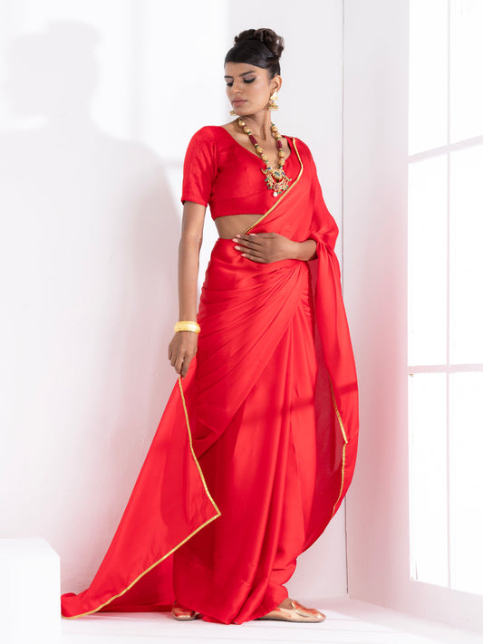 Dhiyona ST Red Satin Saree with Lace and Red  Blouse Fabric