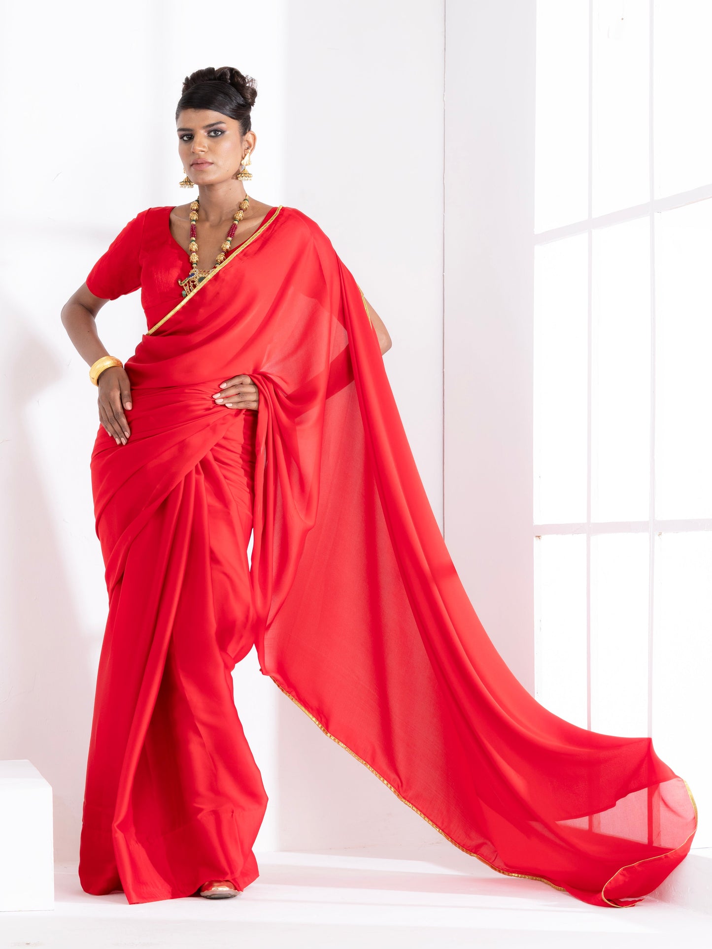 Dhiyona ST Red Satin Saree with Lace and Red  Blouse Fabric