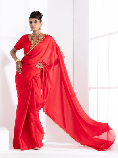 Dhiyona ST Red Satin Saree with Lace and Red  Blouse Fabric