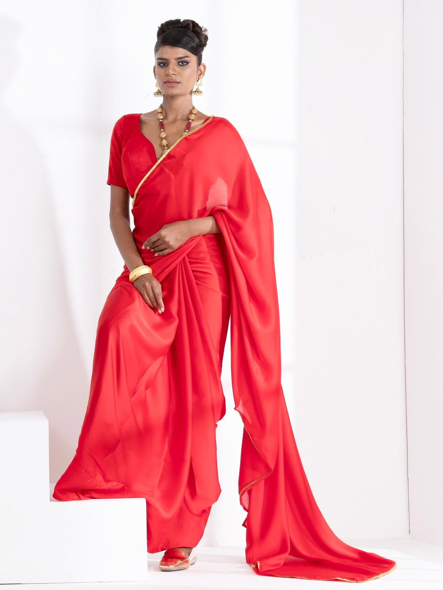 Dhiyona ST Red Satin Saree with Lace and Red  Blouse Fabric