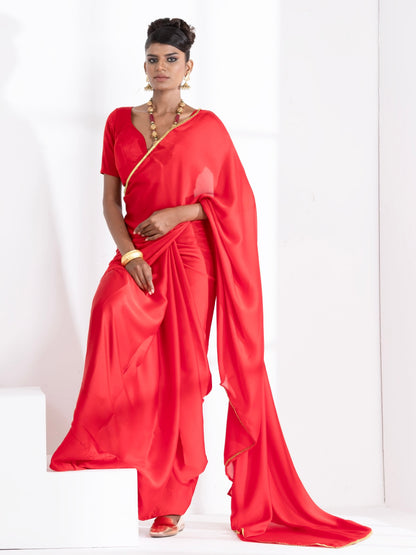Dhiyona ST Red Satin Saree with Lace and Red  Blouse Fabric