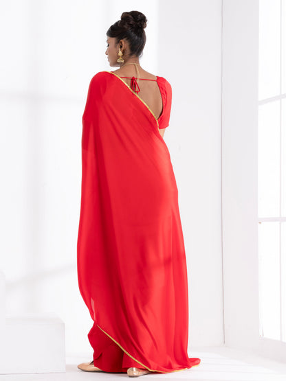 Dhiyona ST Red Satin Saree with Lace and Red  Blouse Fabric