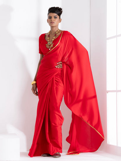 Dhiyona ST Red Satin Saree with Lace and Red  Blouse Fabric