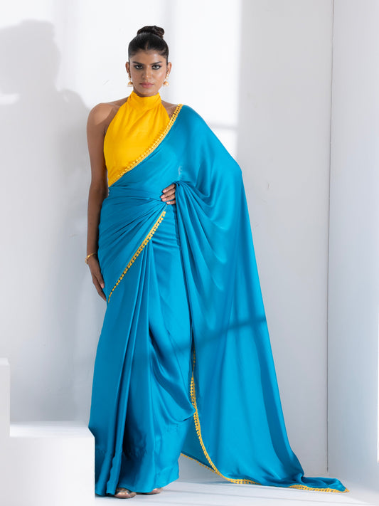 Dhiyona ST Pacific Blue Satin Saree with Yellow Lace & Posh Blouse Fabric