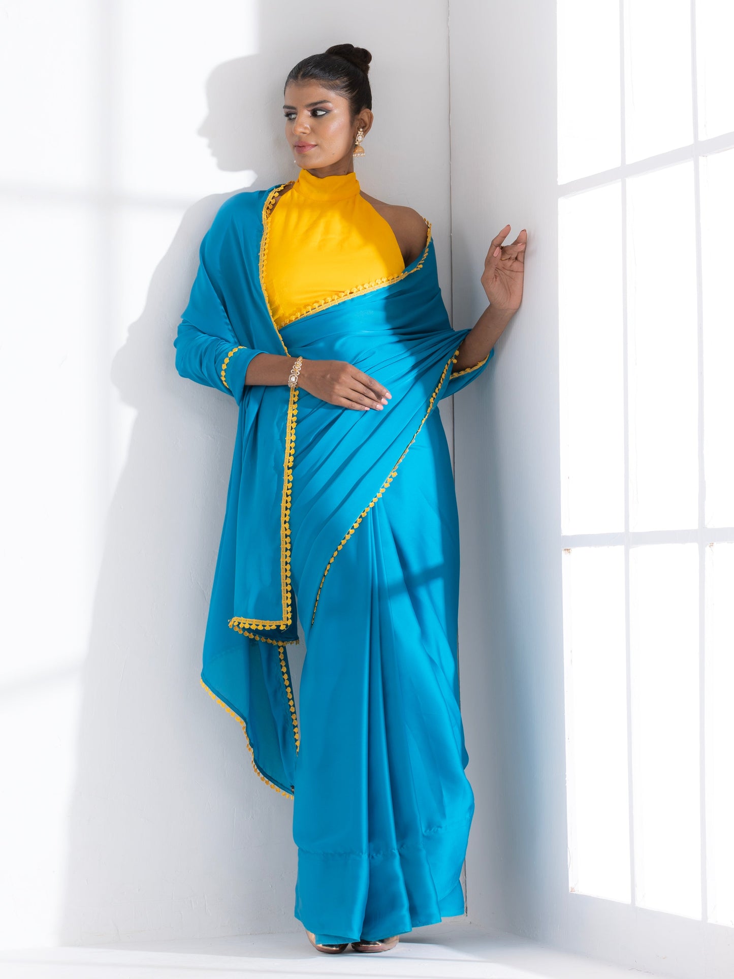 Dhiyona ST Pacific Blue Satin Saree with Yellow Lace & Posh Blouse Fabric