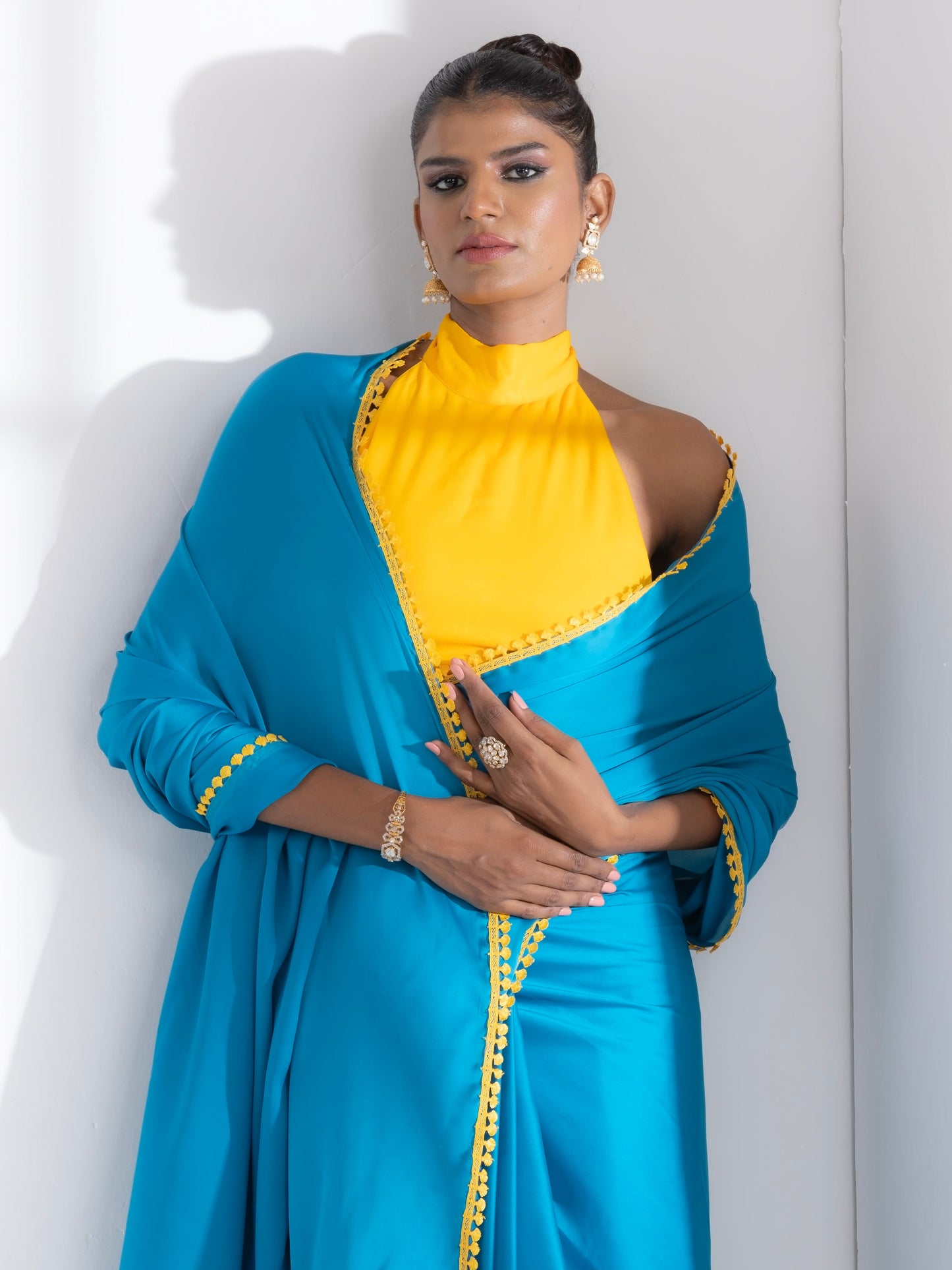 Dhiyona ST Pacific Blue Satin Saree with Yellow Lace & Posh Blouse Fabric