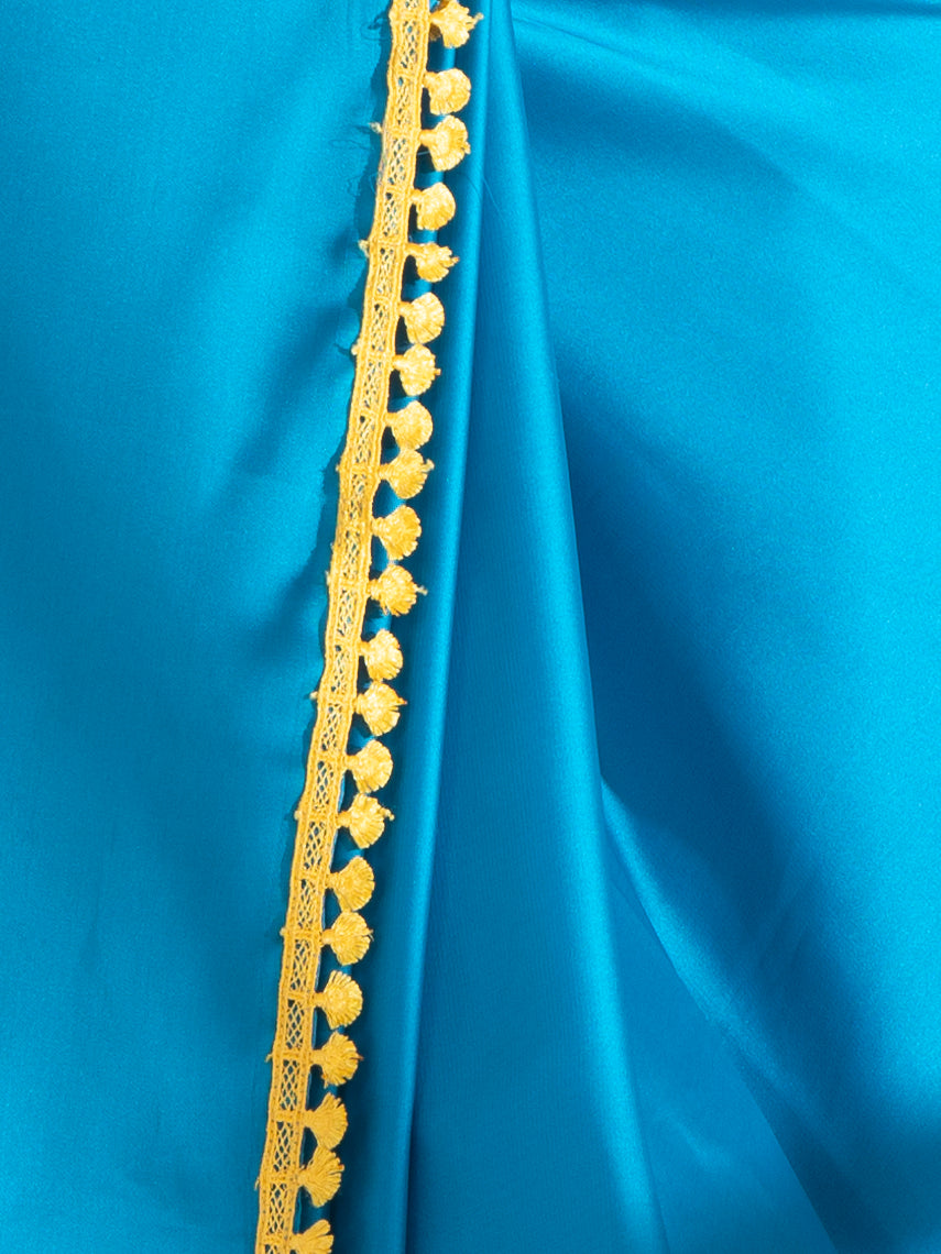 Dhiyona ST Pacific Blue Satin Saree with Yellow Lace & Posh Blouse Fabric