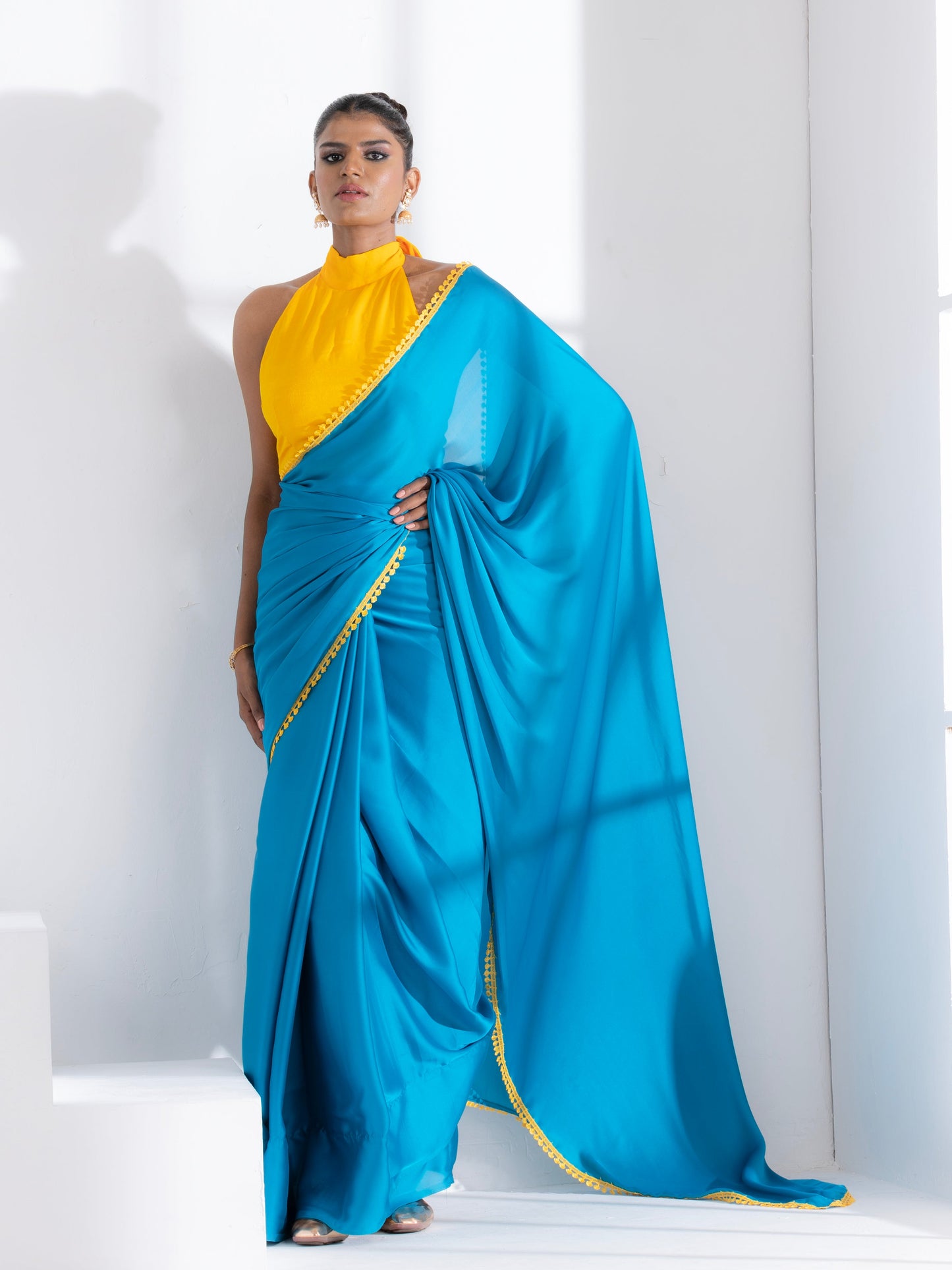 Dhiyona ST Pacific Blue Satin Saree with Yellow Lace & Posh Blouse Fabric