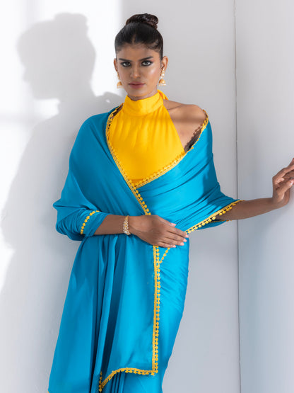 Dhiyona ST Pacific Blue Satin Saree with Yellow Lace & Posh Blouse Fabric