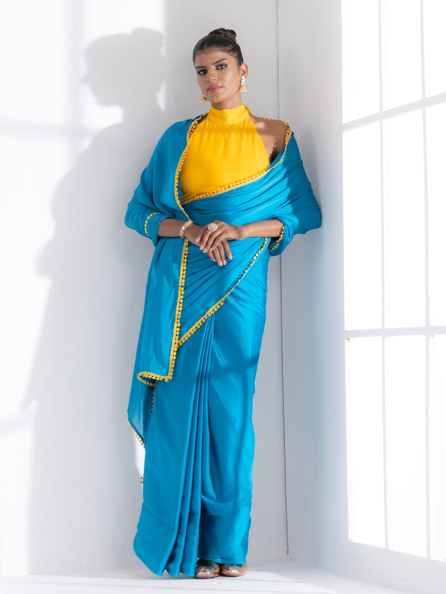 Dhiyona ST Pacific Blue Satin Saree with Yellow Lace & Posh Blouse Fabric