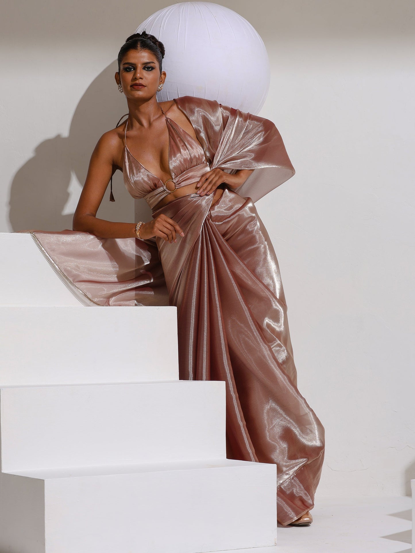 Dhiyona ST Peach Silver Pearl Silky Organza Saree with Diamond Lace and Self Blouse Fabric