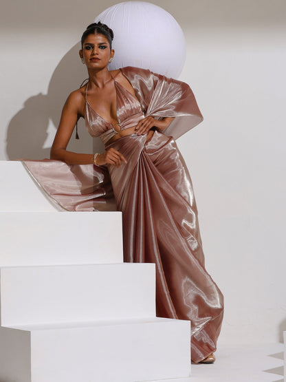 Dhiyona ST Peach Silver Pearl Silky Organza Saree with Diamond Lace and Self Blouse Fabric