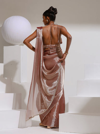 Dhiyona ST Peach Silver Pearl Silky Organza Saree with Diamond Lace and Self Blouse Fabric