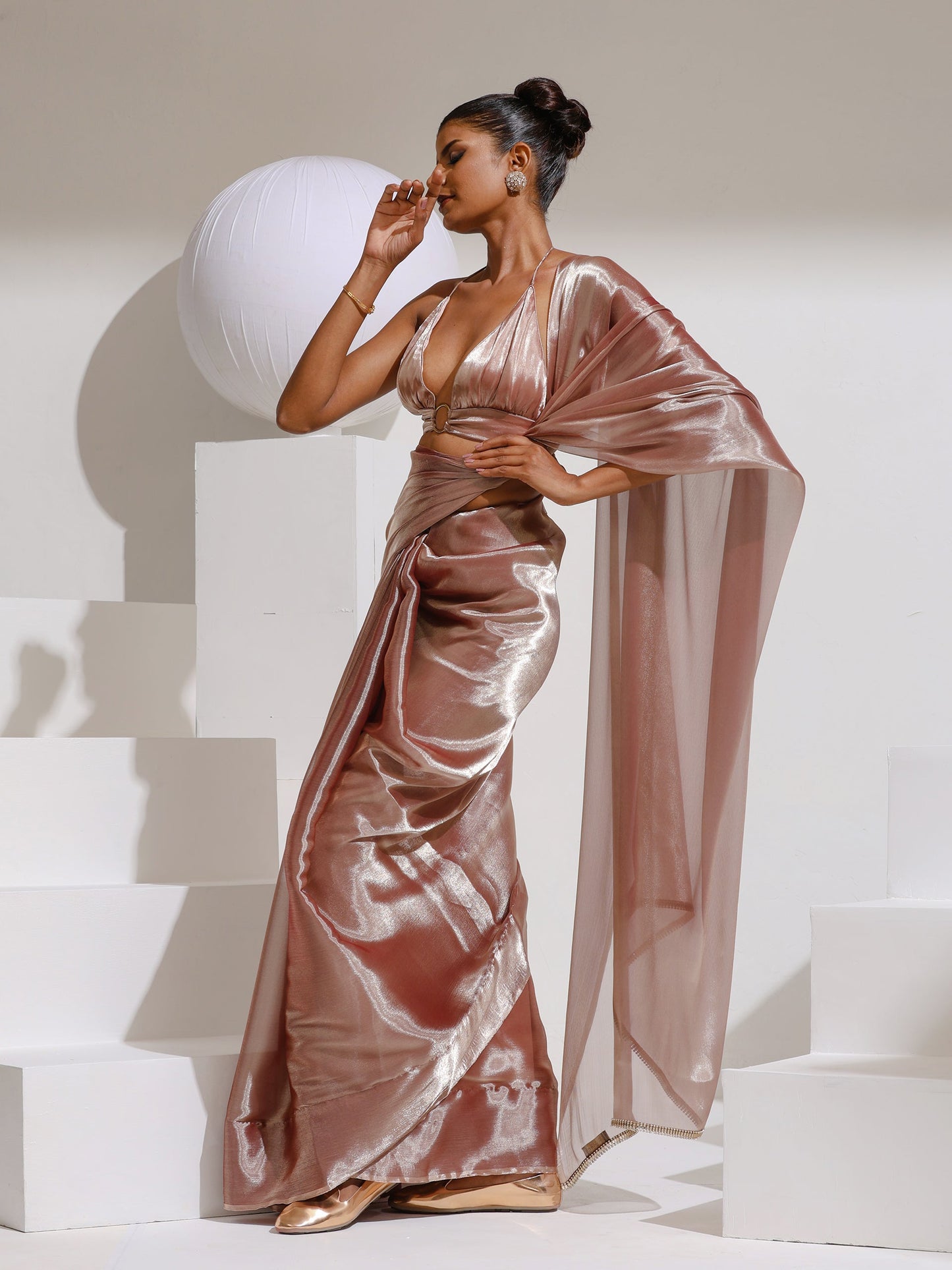 Dhiyona ST Peach Silver Pearl Silky Organza Saree with Diamond Lace and Self Blouse Fabric
