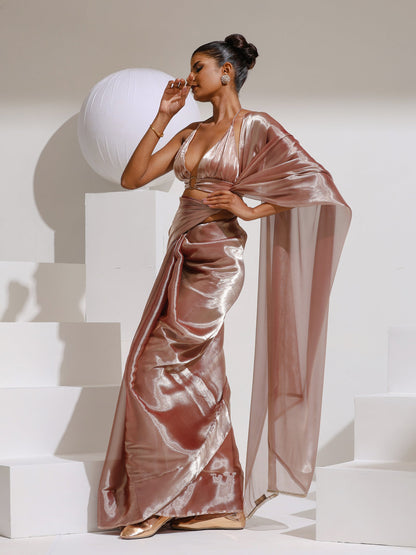 Dhiyona ST Peach Silver Pearl Silky Organza Saree with Diamond Lace and Self Blouse Fabric