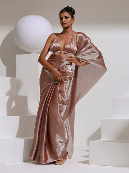 Dhiyona ST Peach Silver Pearl Silky Organza Saree with Diamond Lace and Self Blouse Fabric