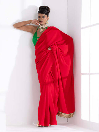 Dhiyona ST Jungle Red Korean Saree with Green Lace and Green Posh Blouse