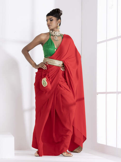 Dhiyona ST Jungle Red Korean Saree with Green Lace and Green Posh Blouse