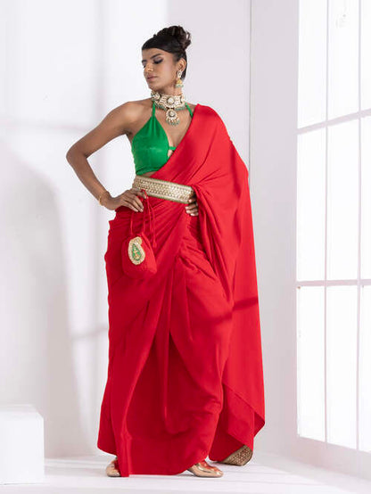 Dhiyona ST Jungle Red Korean Saree with Green Lace and Green Posh Blouse