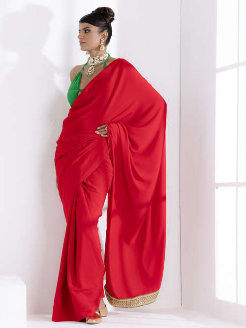 Dhiyona ST Jungle Red Korean Saree with Green Lace and Green Posh Blouse