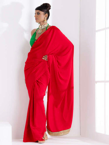 Dhiyona ST Jungle Red Korean Saree with Green Lace and Green Posh Blouse
