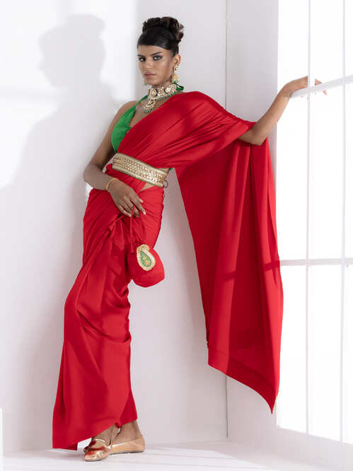 Dhiyona ST Jungle Red Korean Saree with Green Lace and Green Posh Blouse