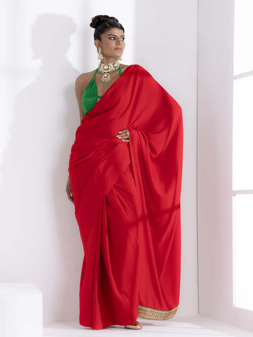 Dhiyona ST Jungle Red Korean Saree with Green Lace and Green Posh Blouse