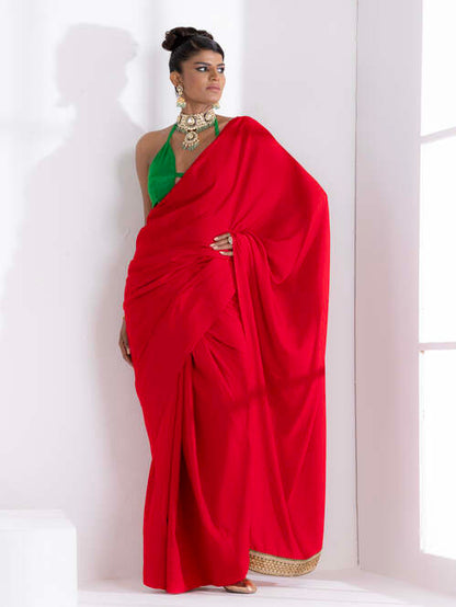 Dhiyona ST Jungle Red Korean Saree with Green Lace and Green Posh Blouse